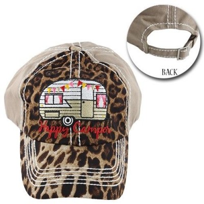 HAPPY CAMPER  Trailer Camper Cap Cheetah Beige Distressed Hat Adjustable  eb-79353330